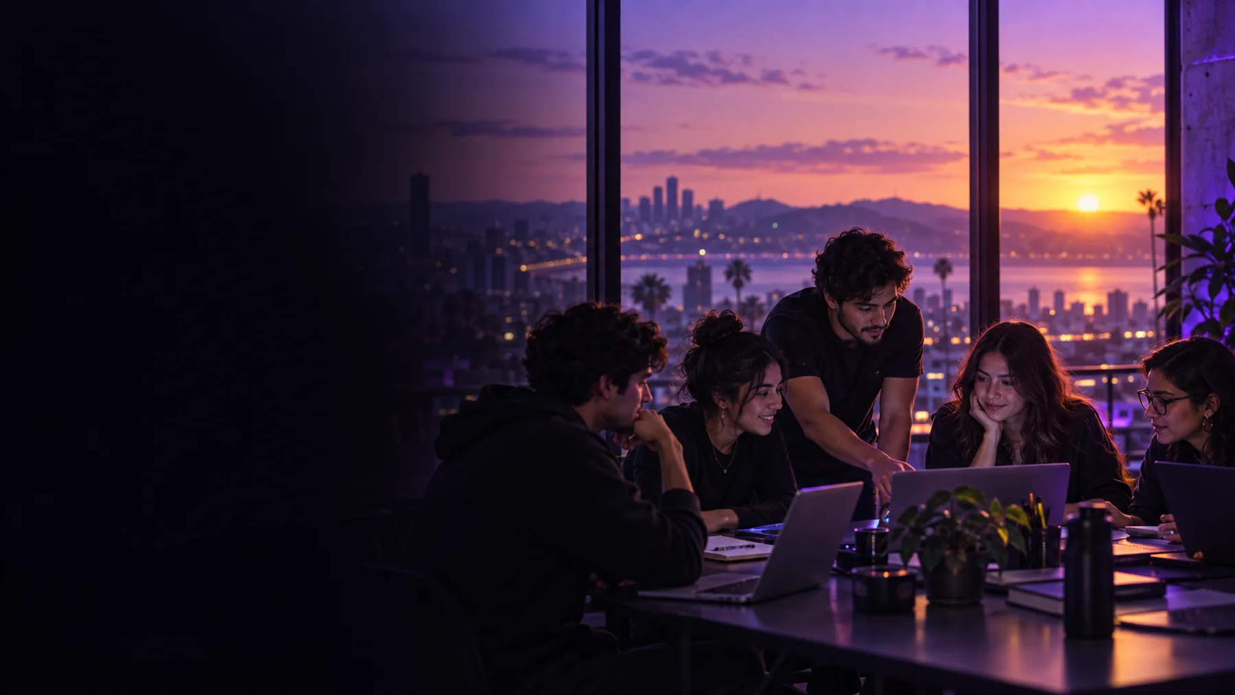 Escena conceptual de jóvenes construyendo juntos al atardecer