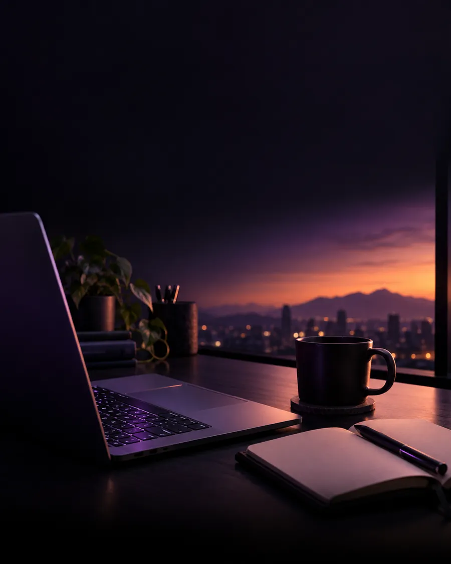 Laptop y libreta de trabajo en un estudio al atardecer